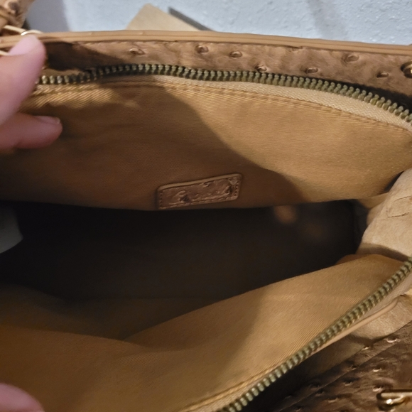 Ostrich Bow Faux Leather 3 Compartment Satchel - Camel - Picture 11 of 13